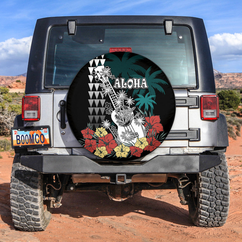 Hawaii Ukulele Mix Hibiscus and Coconut Tree Spare Tire Cover Aloha Vintage Black Version LT9 - Polynesian Pride