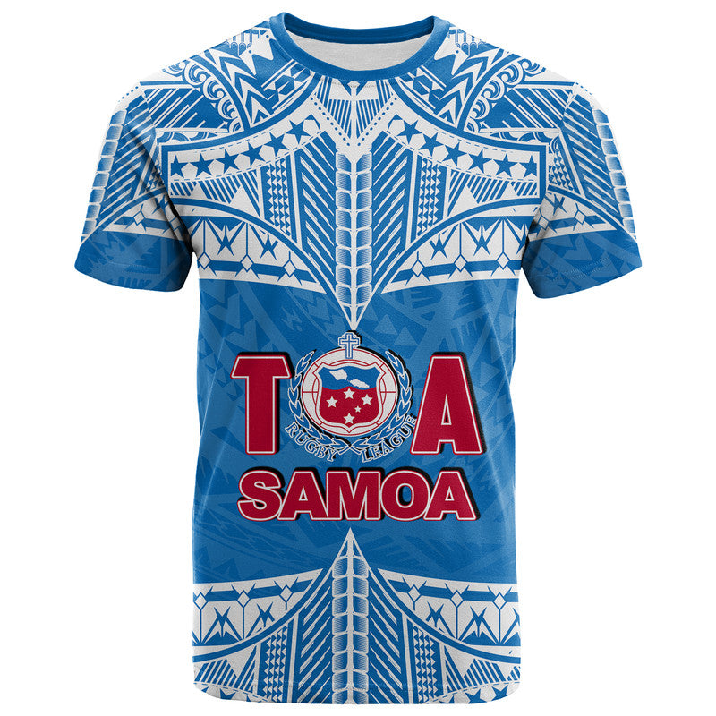 (Custom and Number) Toa Samoa Rugby T Shirt Blue Sky LT6 Blue - Polynesian Pride
