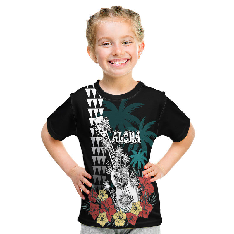 Hawaii Ukulele Mix Hibiscus and Coconut Tree T Shirt Aloha Vintage Black Version LT9 - Polynesian Pride