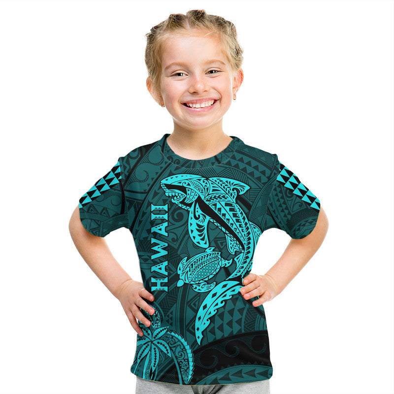 Hawaii T Shirt Shark and Turtle Mix Kakau Turquoise LT9 - Polynesian Pride
