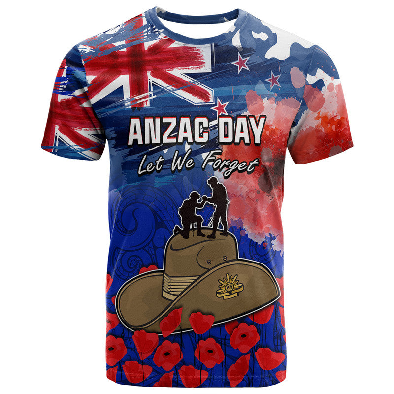 New Zealand ANZAC Day T Shirt Grunge Aotearoa Flag and Red Poppy LT9 Blue - Polynesian Pride