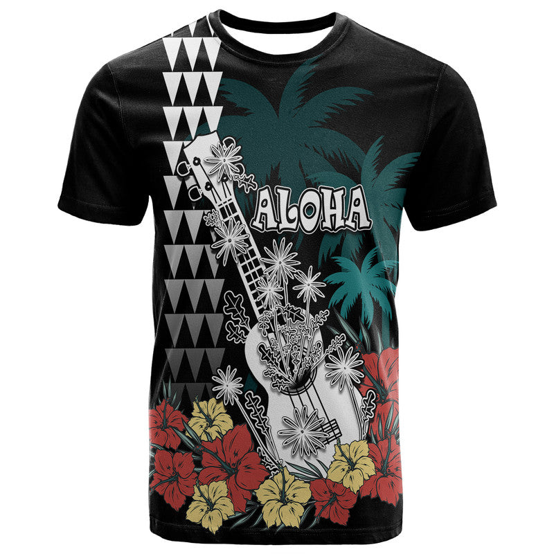Custom Hawaii Ukulele Mix Hibiscus and Coconut Tree T Shirt Aloha Vintage Black Version LT9 Adult Black - Polynesian Pride