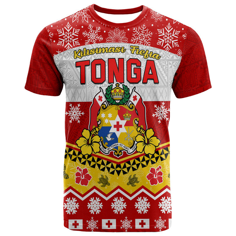 Custom Tonga Christmas Kilisimasi Fiefia Coat of Arms T Shirt LT9 Red - Polynesian Pride