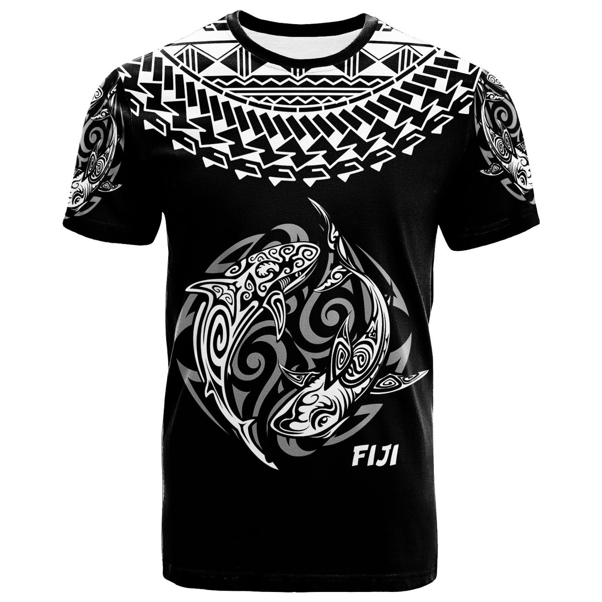 Fiji T Shirt Polynesian Shark Tattoo Black Black - Polynesian Pride