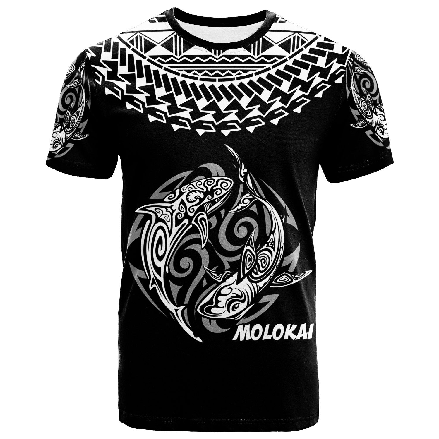 Hawaii T Shirt Molokai Shark Tattoo Black White Color Unisex Black - Polynesian Pride