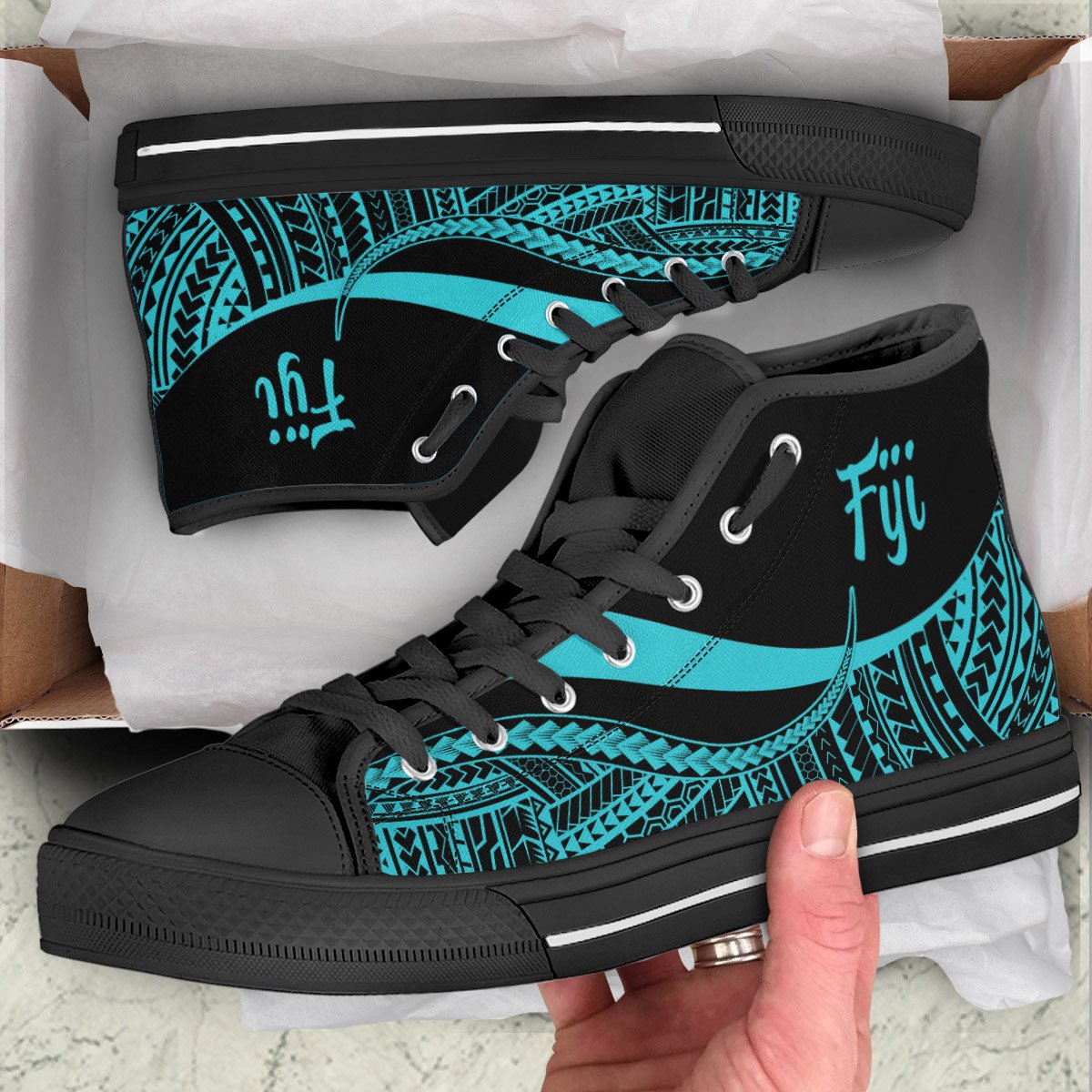 Fiji High Top Shoes Turquoise - Polynesian Tentacle Tribal Pattern Crest Unisex Black - Polynesian Pride
