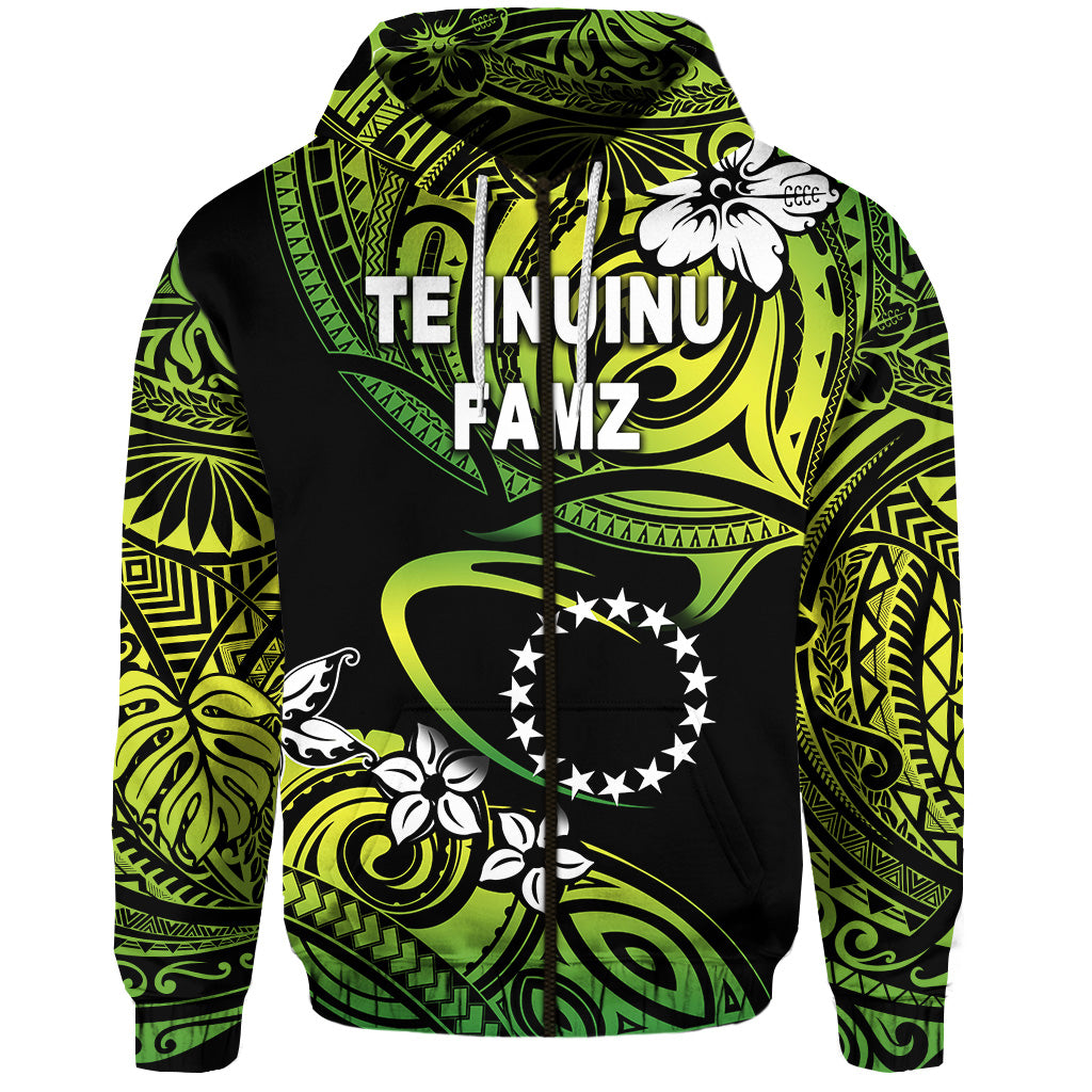 TE INUINU FAMZ Cook Islands Rugby Zip Hoodie Unique Vibes Green LT8 Green - Polynesian Pride