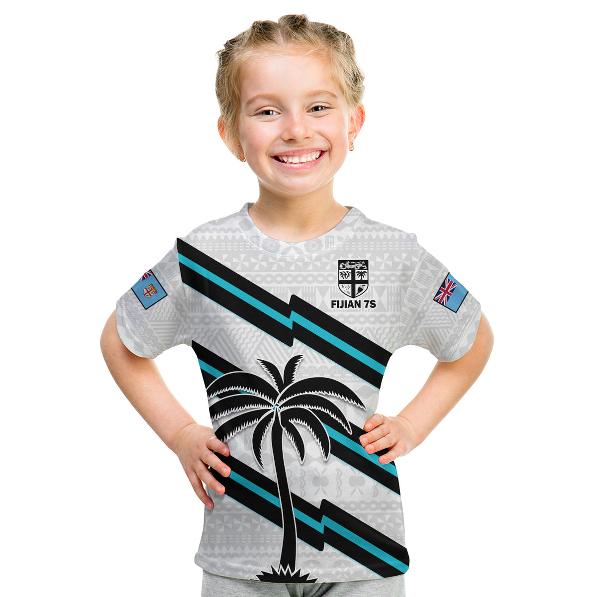 Fiji Rugby Tapa Pattern Fijian 7s White Kid T Shirt LT14 Youth XL Size14 - Polynesian Pride