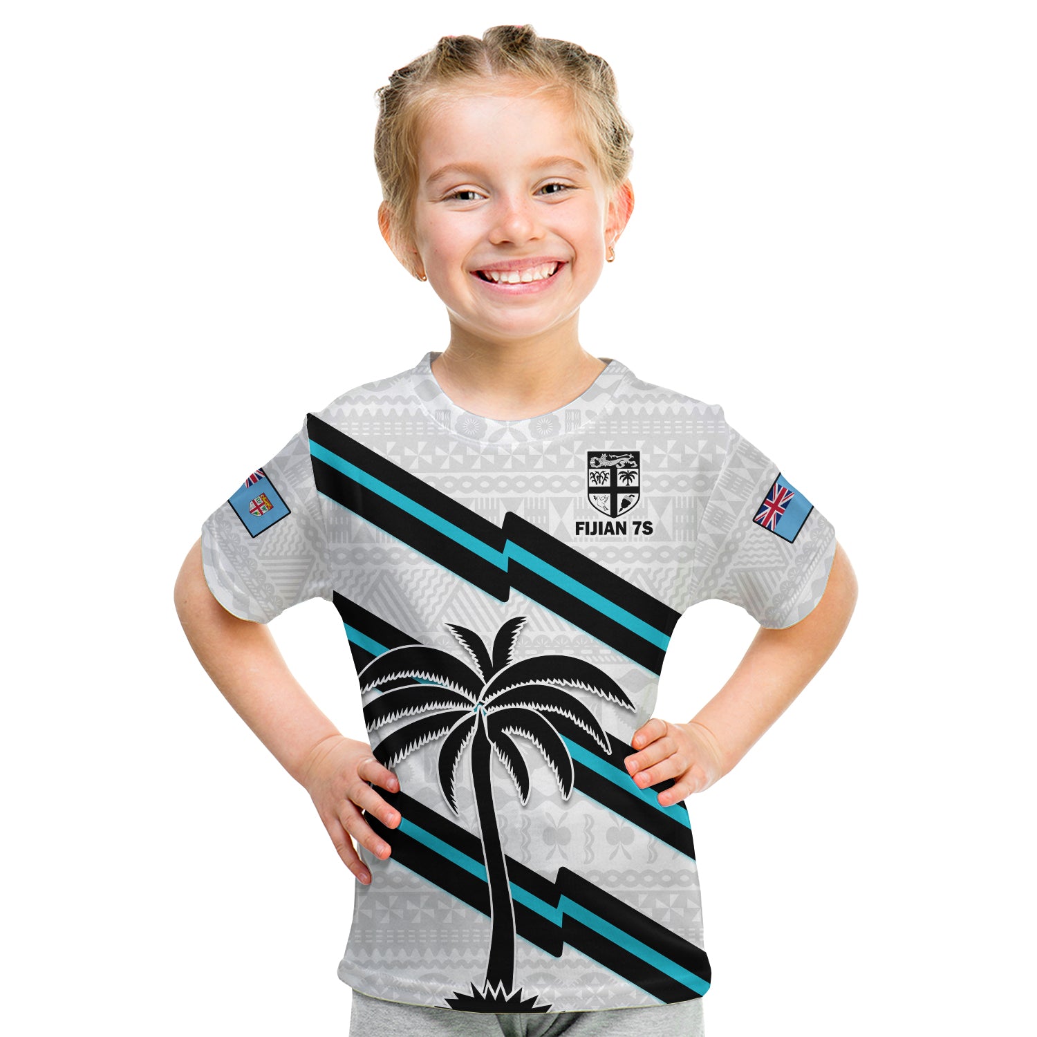 Fiji Rugby Tapa Pattern Fijian 7s White Kid T Shirt LT14 Youth XL Size14 - Polynesian Pride