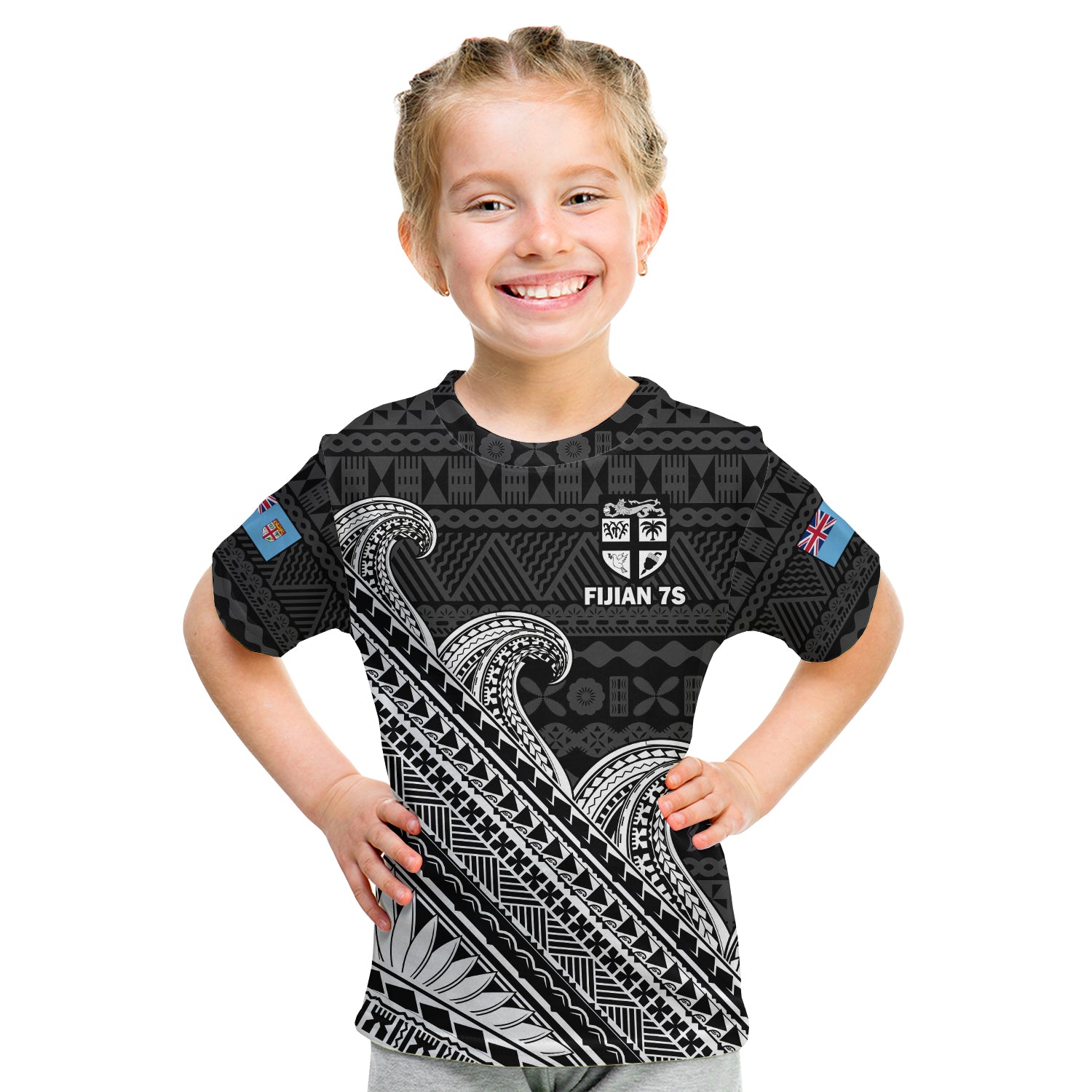 (Custom Text And Number) Fiji Sevens Rugby Fijian 7s Black Tapa Polynesian Art Kid T Shirt LT14 Youth XL Size14 - Polynesian Pride