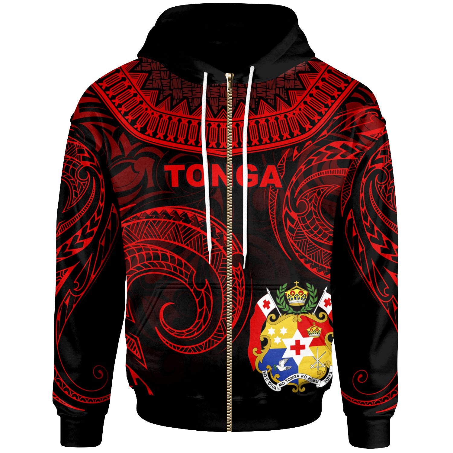 Tonga Zip Hoodie Palm Leaf Texture Red Unisex Red - Polynesian Pride