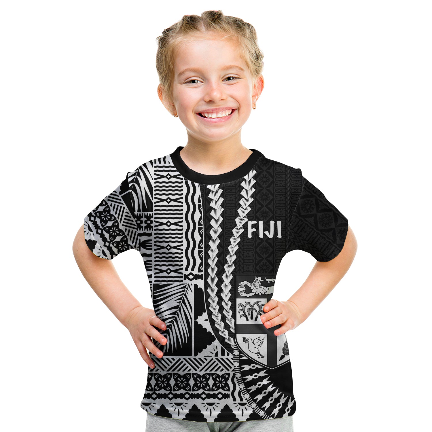 (Custom Personalised) Fiji T Shirt Kid Masi Tapa Patterns Black Style LT6 Youth XL Size14 - Polynesian Pride