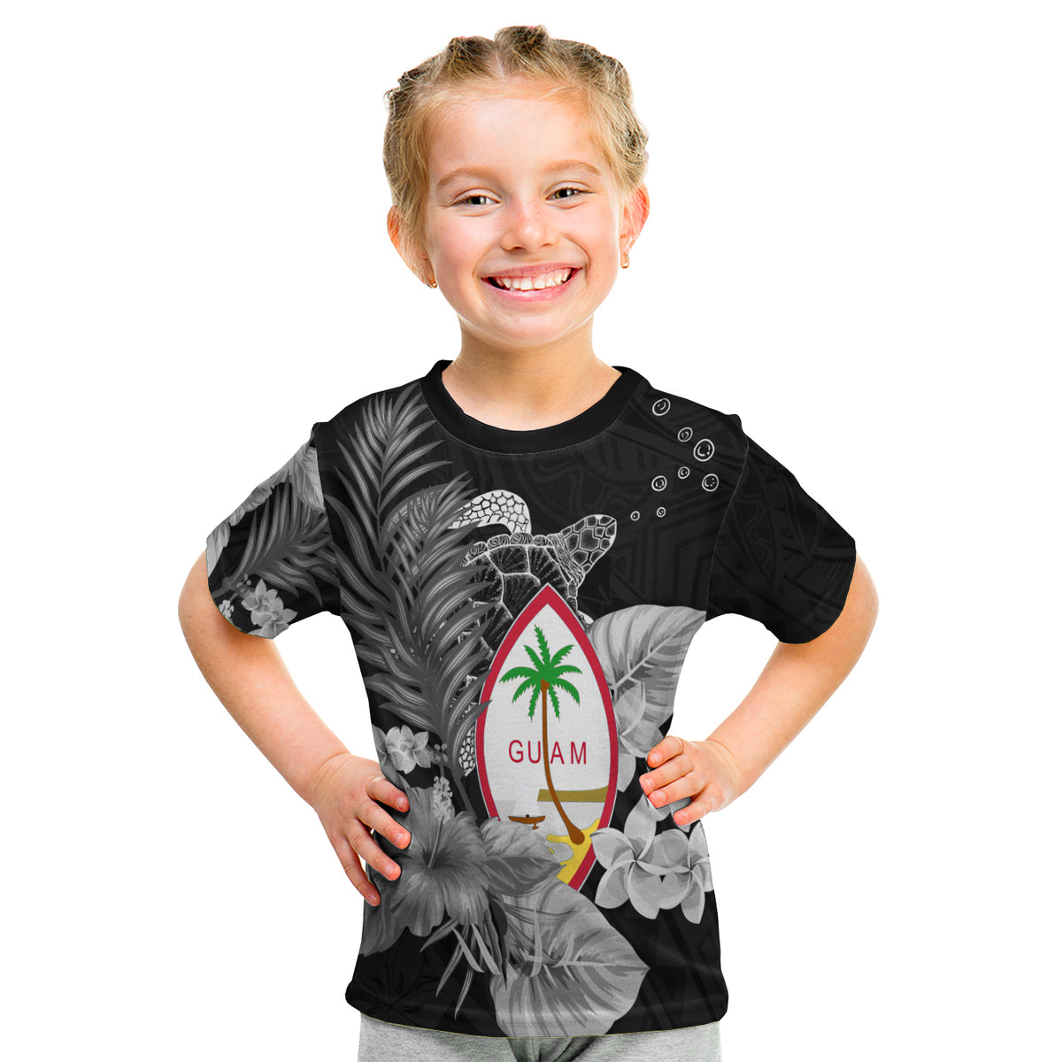 Guam Seal T Shirt Kid Polynesian Turtle With Flowers Version White LT13 Youth XL Size14 - Polynesian Pride