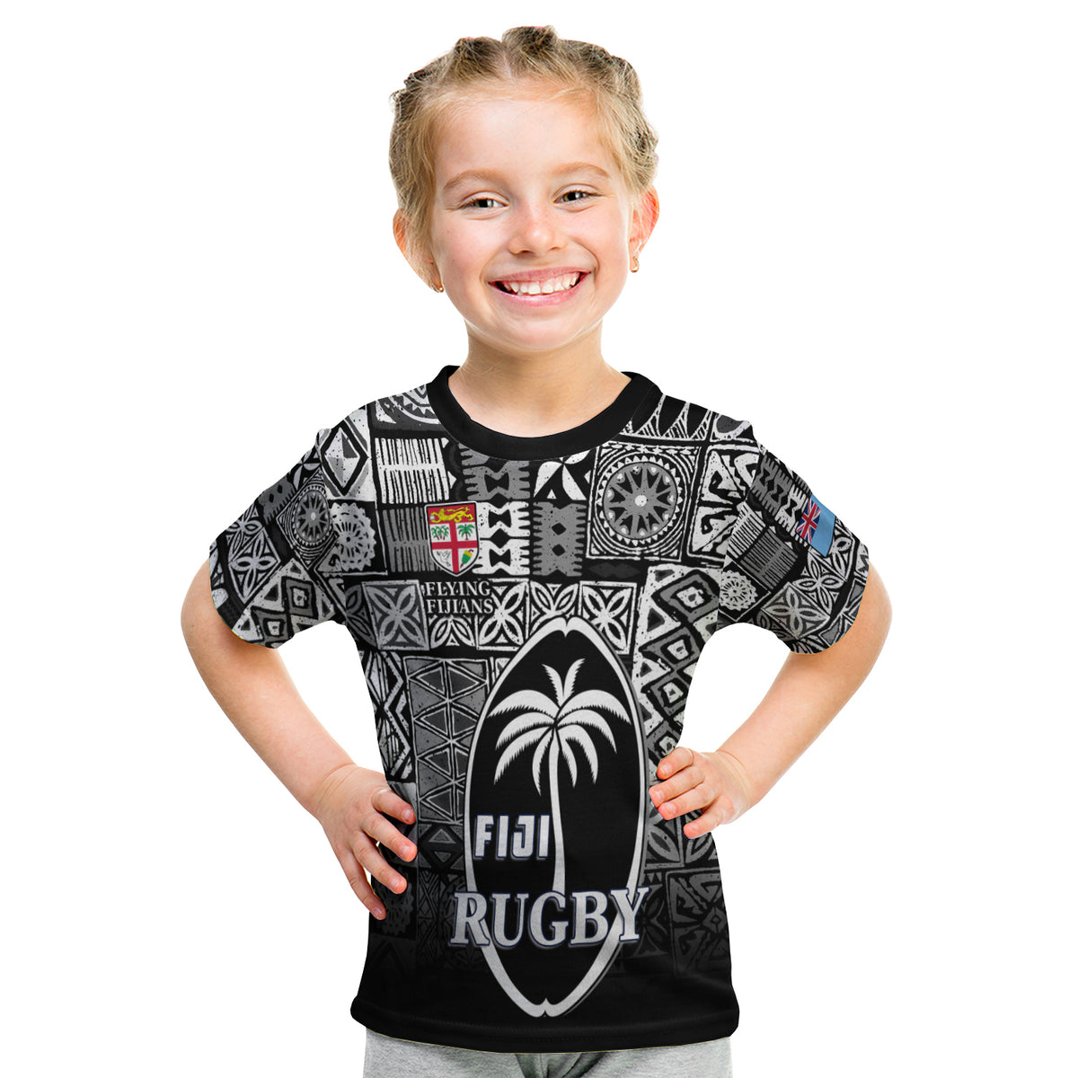 Fiji Rugby T Shirt Kid Flying Fijians Black Tapa Pattern LT13 Youth XL Size14 - Polynesian Pride