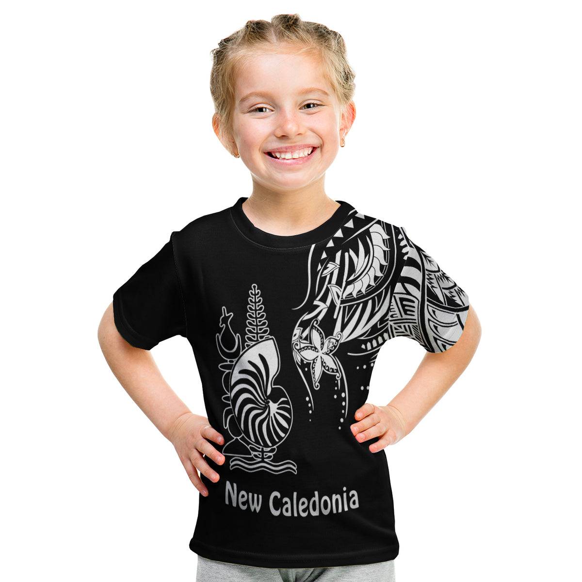 New Caledonia T Shirt Kid Emblem Nautilus Shell Version Black LT13 Youth XL Size14 - Polynesian Pride