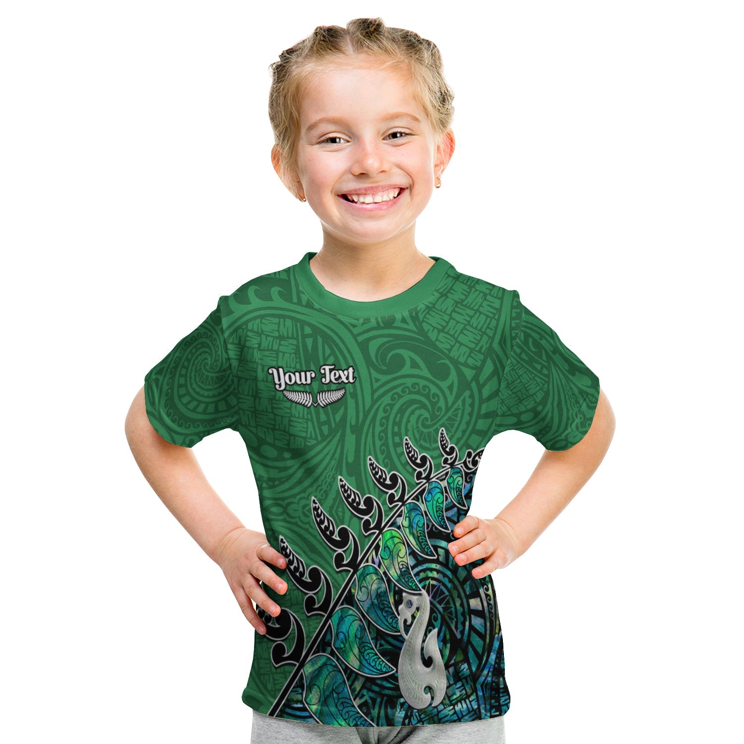 (Custom Personalised) New Zealand Maori T Shirt KID Fern and Manaia Version Green LT13 Youth XL Size14 - Polynesian Pride