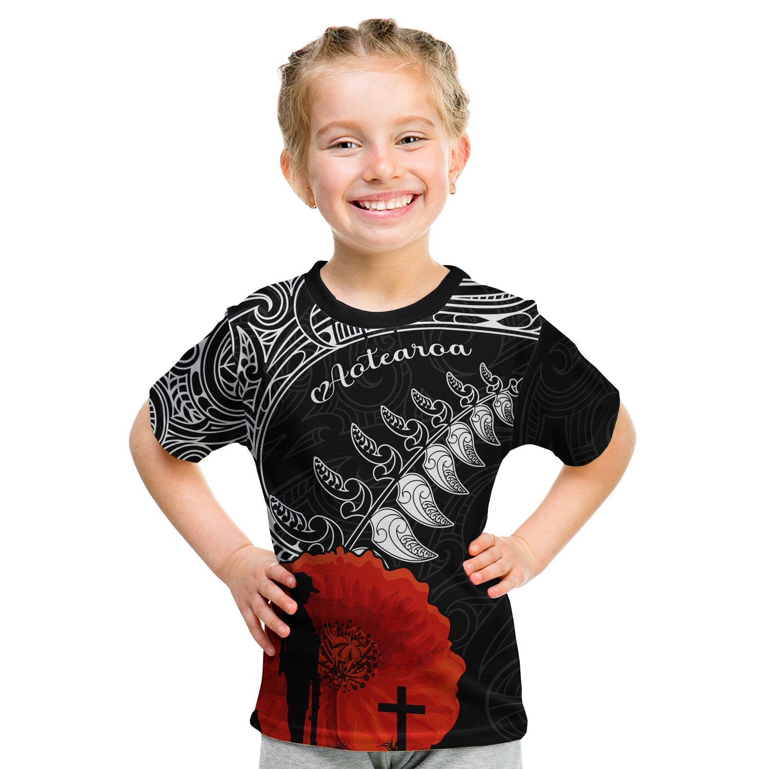 New Zealand Anzac 2022 T Shirt KID Maori Mix Fern Poppy LT13 Youth XL Size14 - Polynesian Pride