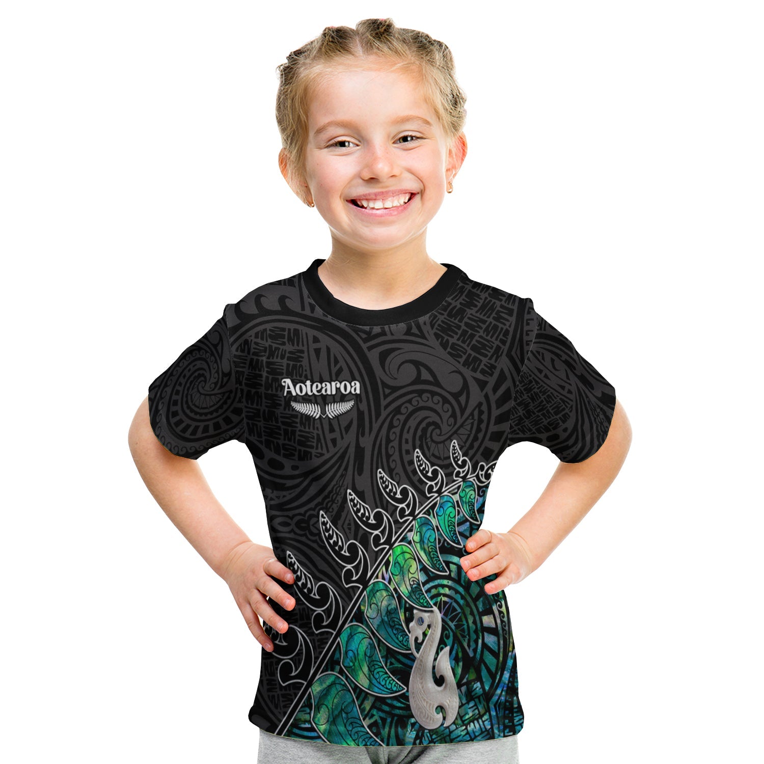 New Zealand Maori T Shirt KID Fern and Manaia Version Black LT13 Youth XL Size14 - Polynesian Pride