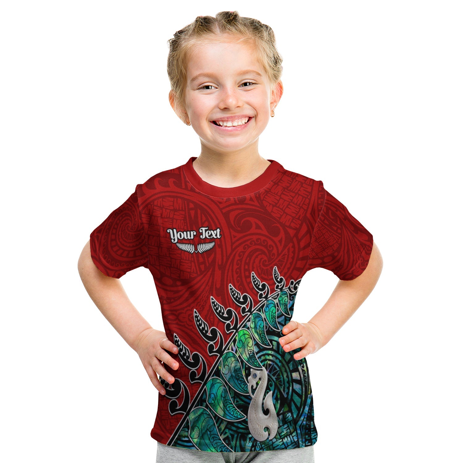 (Custom Personalised) New Zealand Maori T Shirt KID Fern and Manaia Version Red LT13 Youth XL Size14 - Polynesian Pride