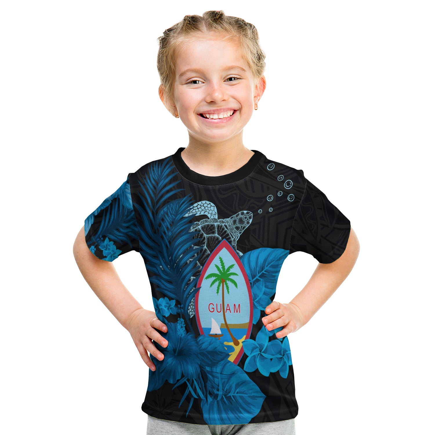 Guam Seal T Shirt Kid Polynesian Turtle With Flowers Version Blue LT13 Youth XL Size14 - Polynesian Pride