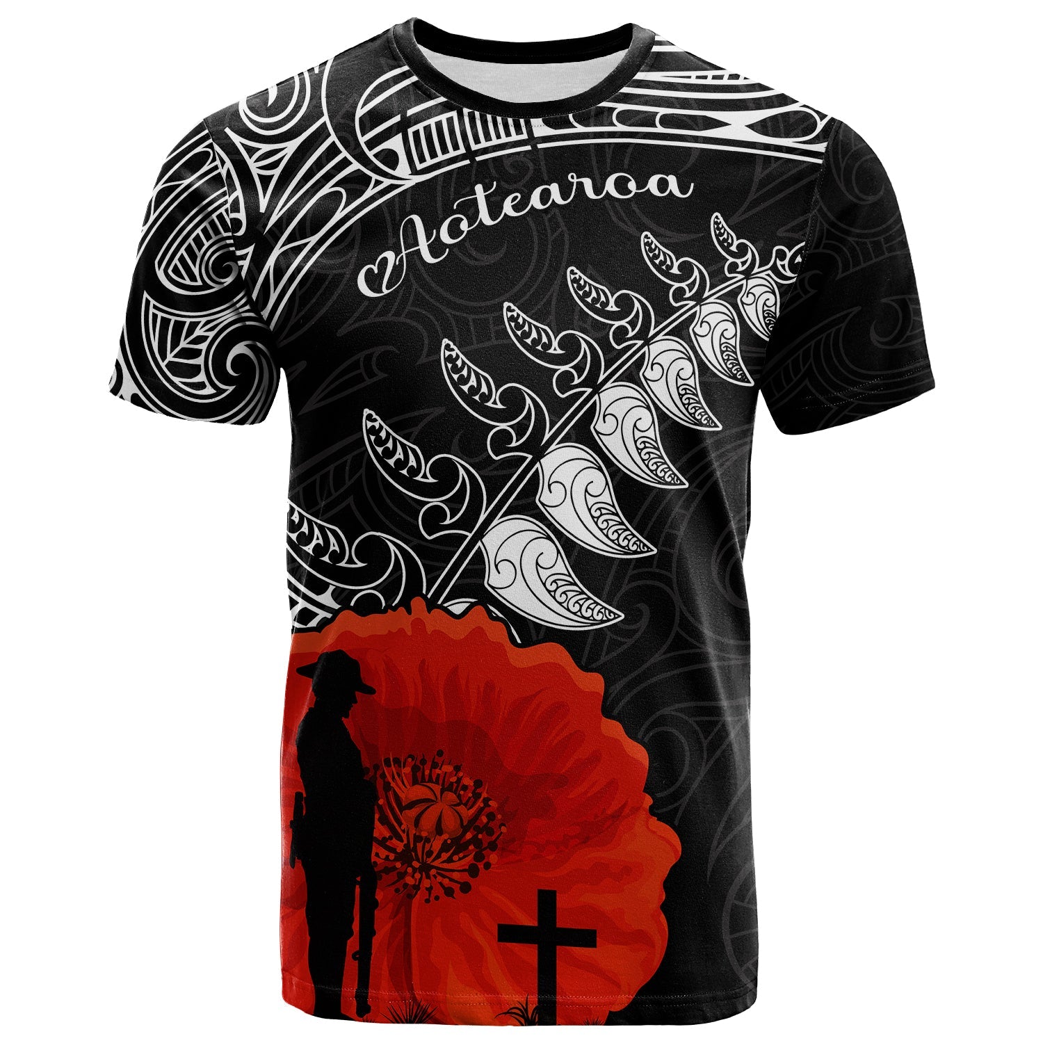 New Zealand Anzac 2022 T Shirt Maori Mix Fern Poppy LT13 Black - Polynesian Pride