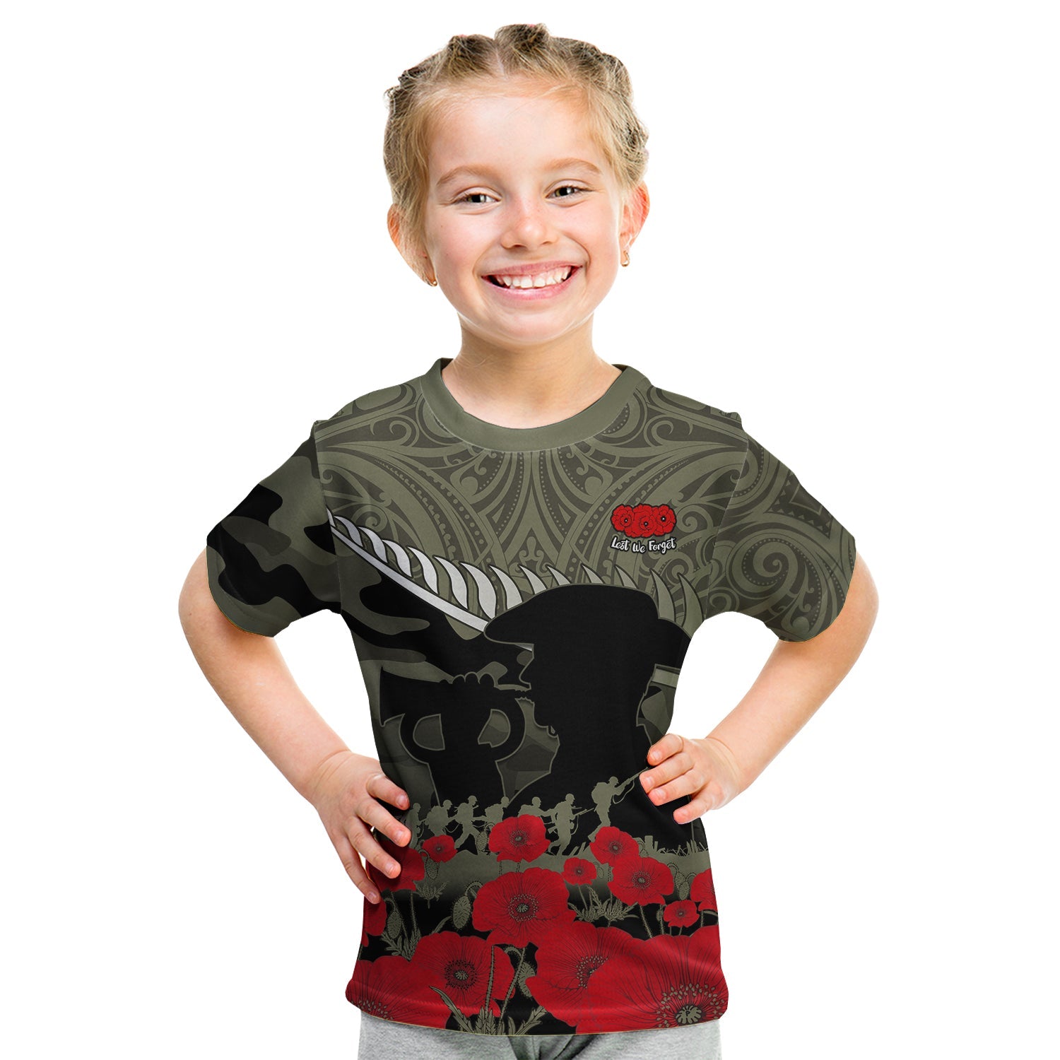 (Custom Personalised) New Zealand ANZAC 2022 T Shirt KID Maori Camouflage LT14 Youth XL Size14 - Polynesian Pride