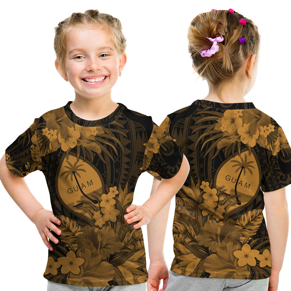 Guam Polynesian T Shirt KID Tropical Flowers - Tan LT8 Youth XL Size14 - Polynesian Pride