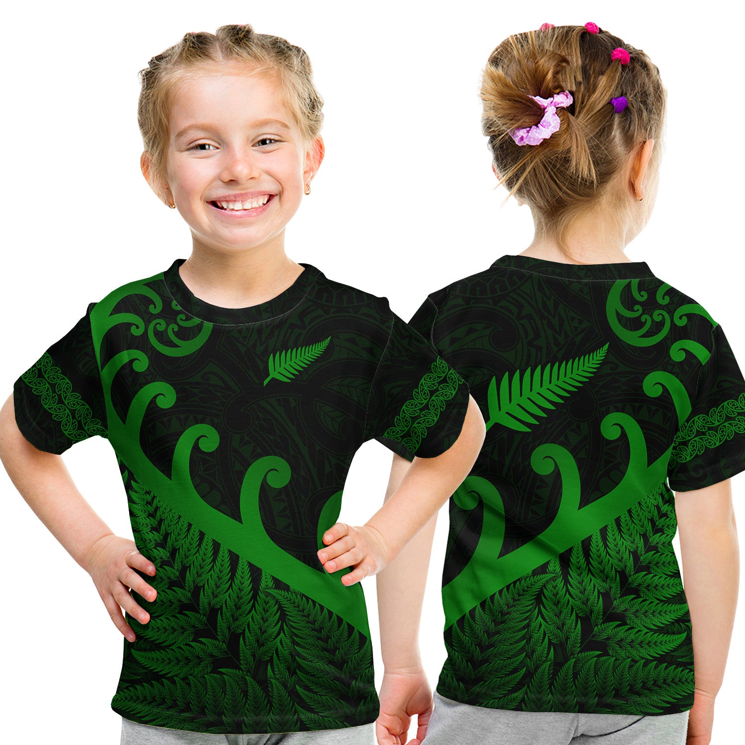 New Zealand Rugby Maori T Shirt Kid Silver Fern Koru Vibes - Green LT8 Youth XL Size14 - Polynesian Pride