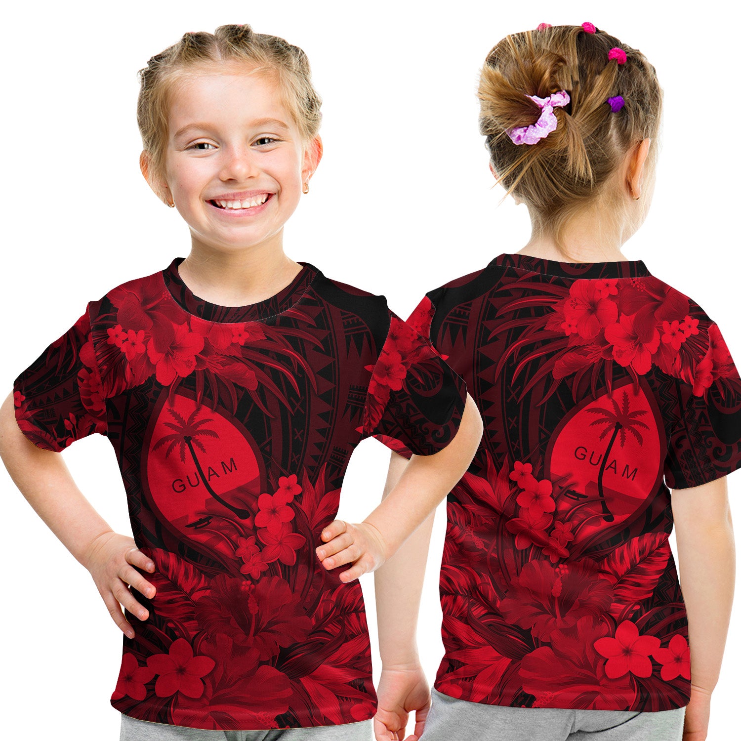 Guam Polynesian T Shirt KID Tropical Flowers - Red LT8 Youth XL Size14 - Polynesian Pride