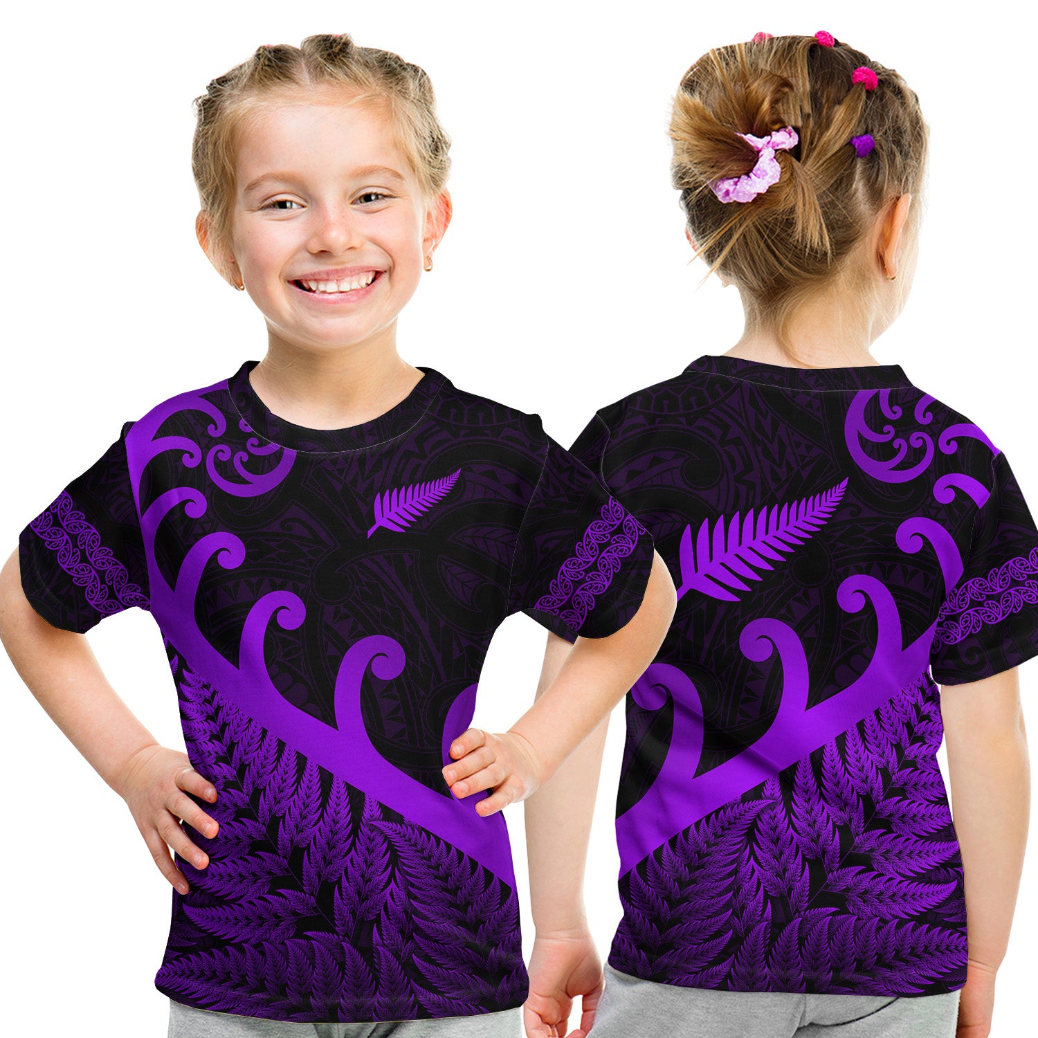 New Zealand Rugby Maori T Shirt Kid Silver Fern Koru Vibes - Purple LT8 Youth XL Size14 - Polynesian Pride