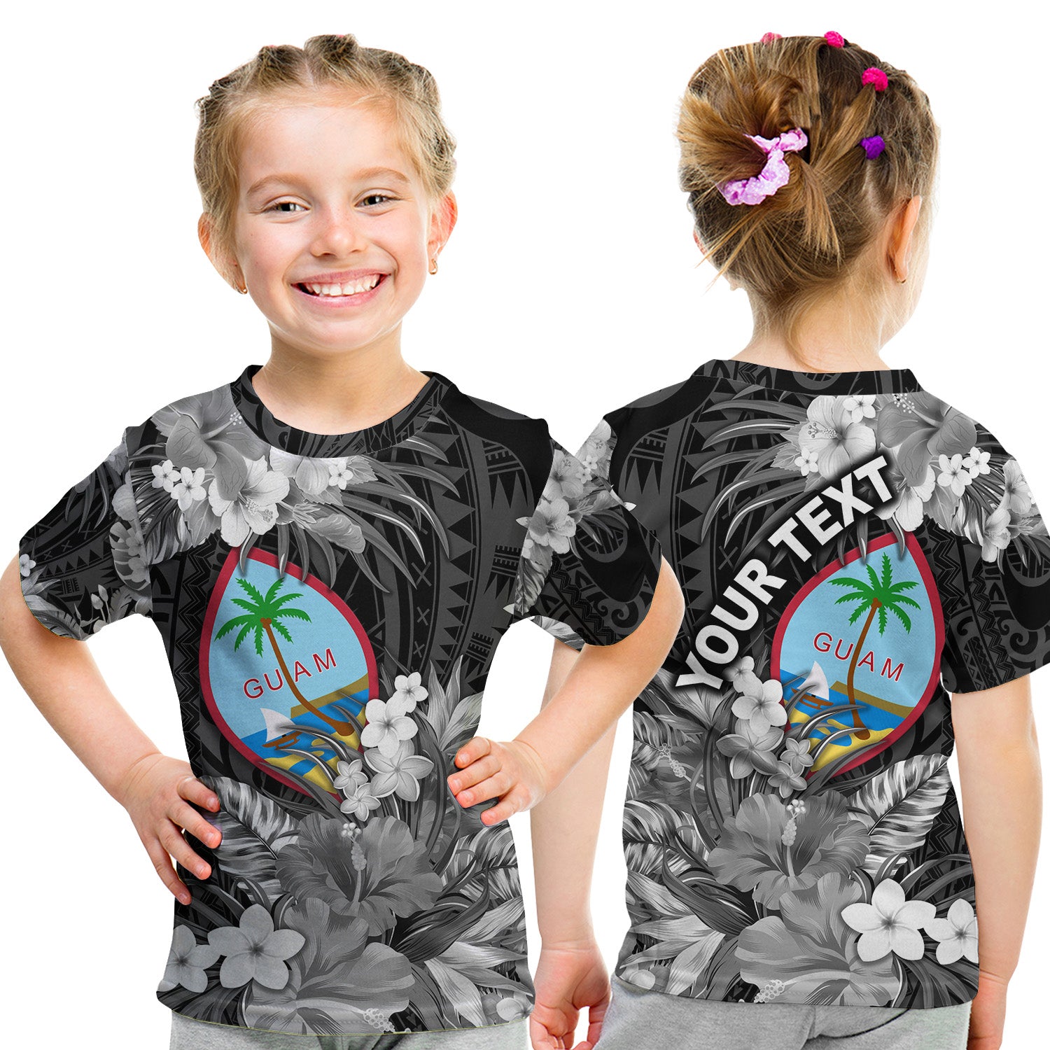 (Custom Personalised) Guam Polynesian T Shirt KID Tropical Flowers - Black LT8 Youth XL Size14 - Polynesian Pride