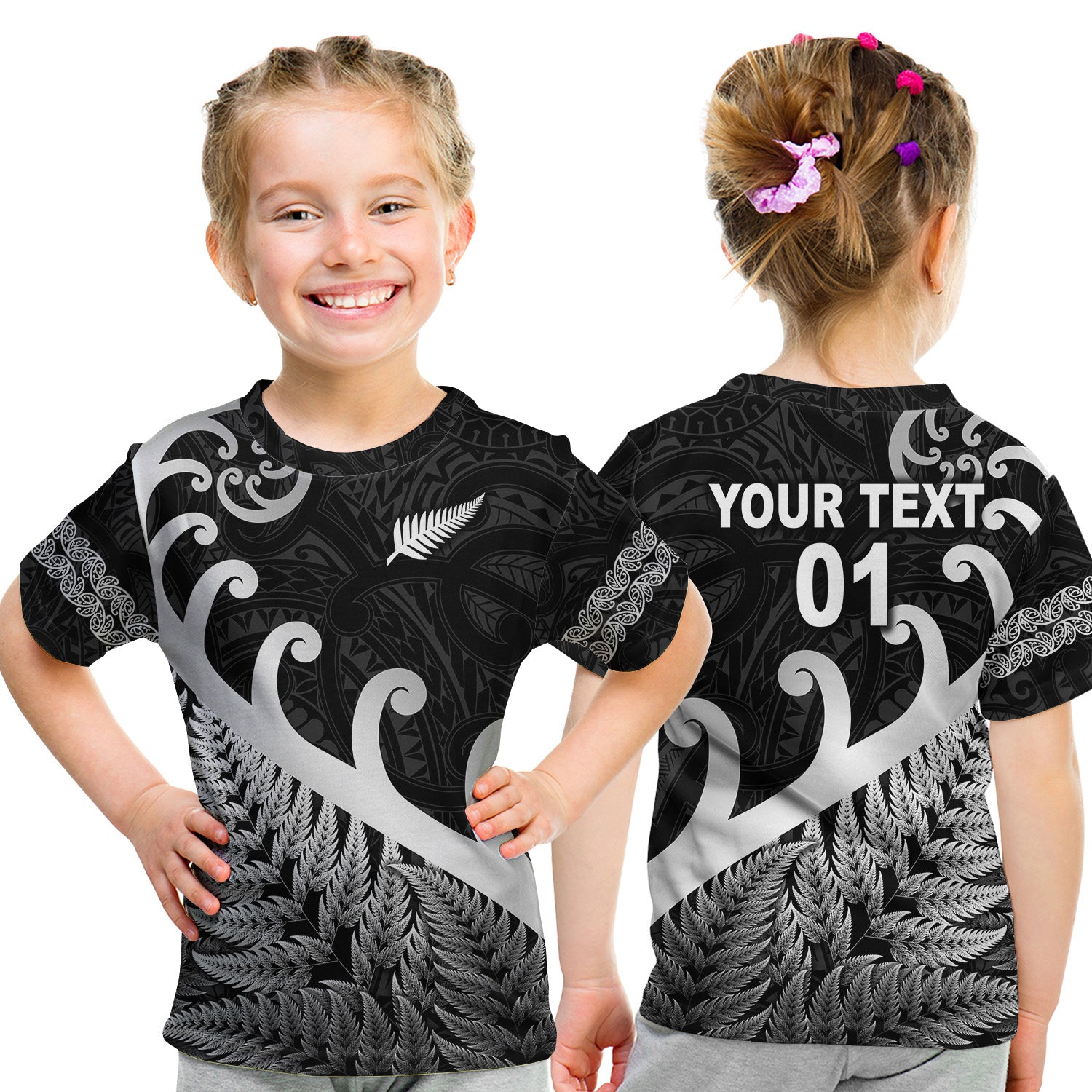 (Custom Personalised) New Zealand Rugby Maori T Shirt Kid Silver Fern Koru Vibes - Black LT8 - Polynesian Pride