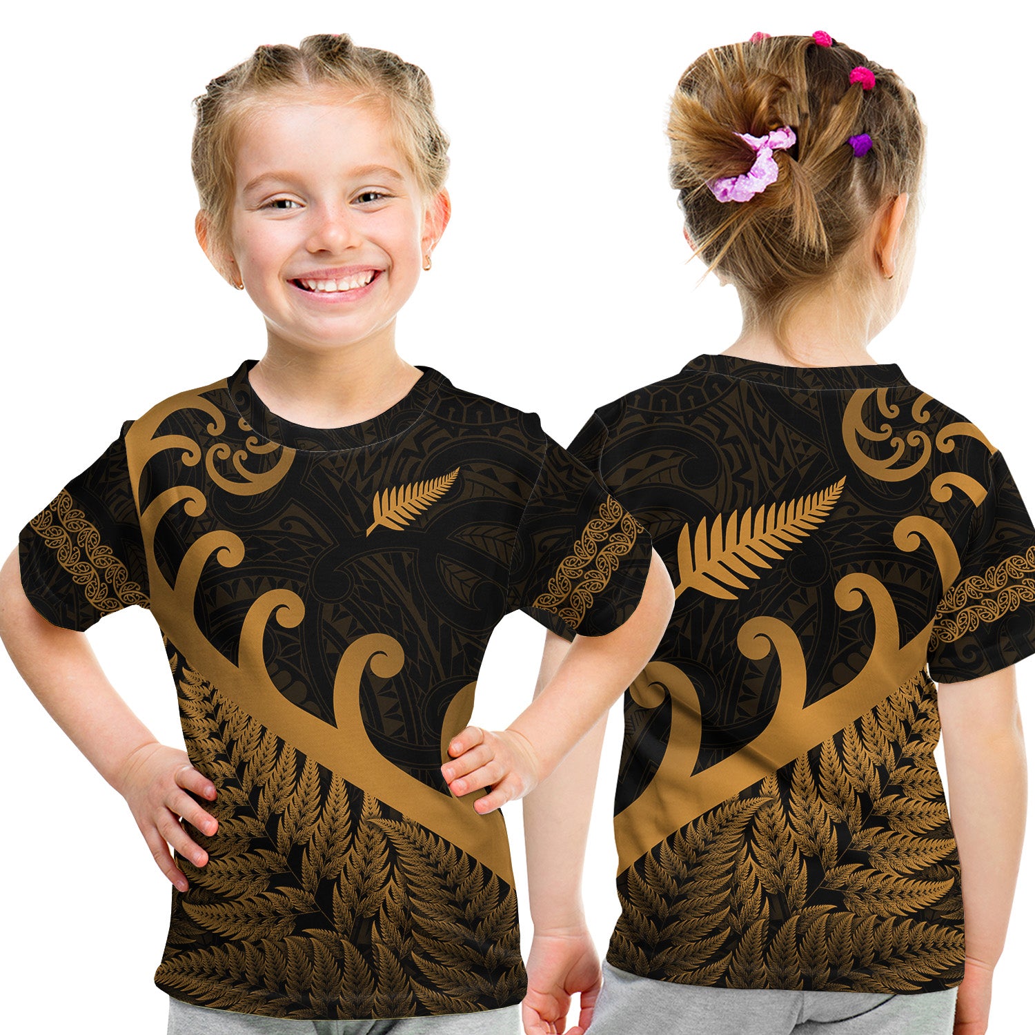 New Zealand Rugby Maori T Shirt Kid Silver Fern Koru Vibes - Gold LT8 Youth XL Size14 - Polynesian Pride