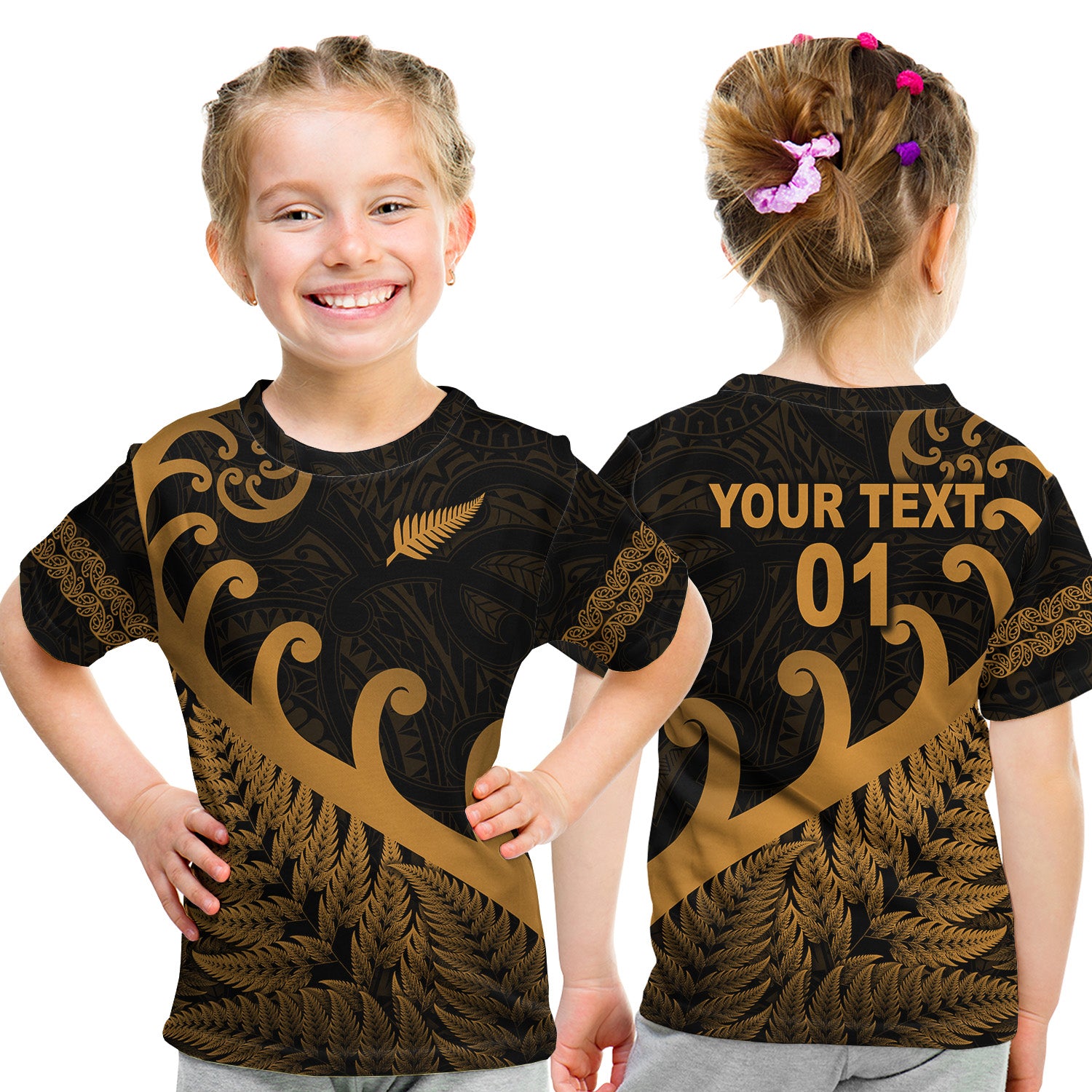 (Custom Personalised) New Zealand Rugby Maori T Shirt Kid Silver Fern Koru Vibes - Gold LT8 Youth XL Size14 - Polynesian Pride