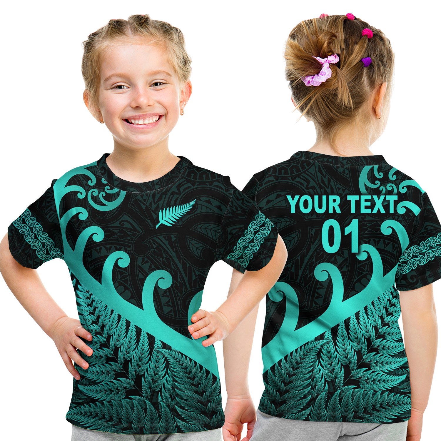 (Custom Personalised) New Zealand Rugby Maori T Shirt Kid Silver Fern Koru Vibes - Turquoise LT8 Youth XL Size14 - Polynesian Pride