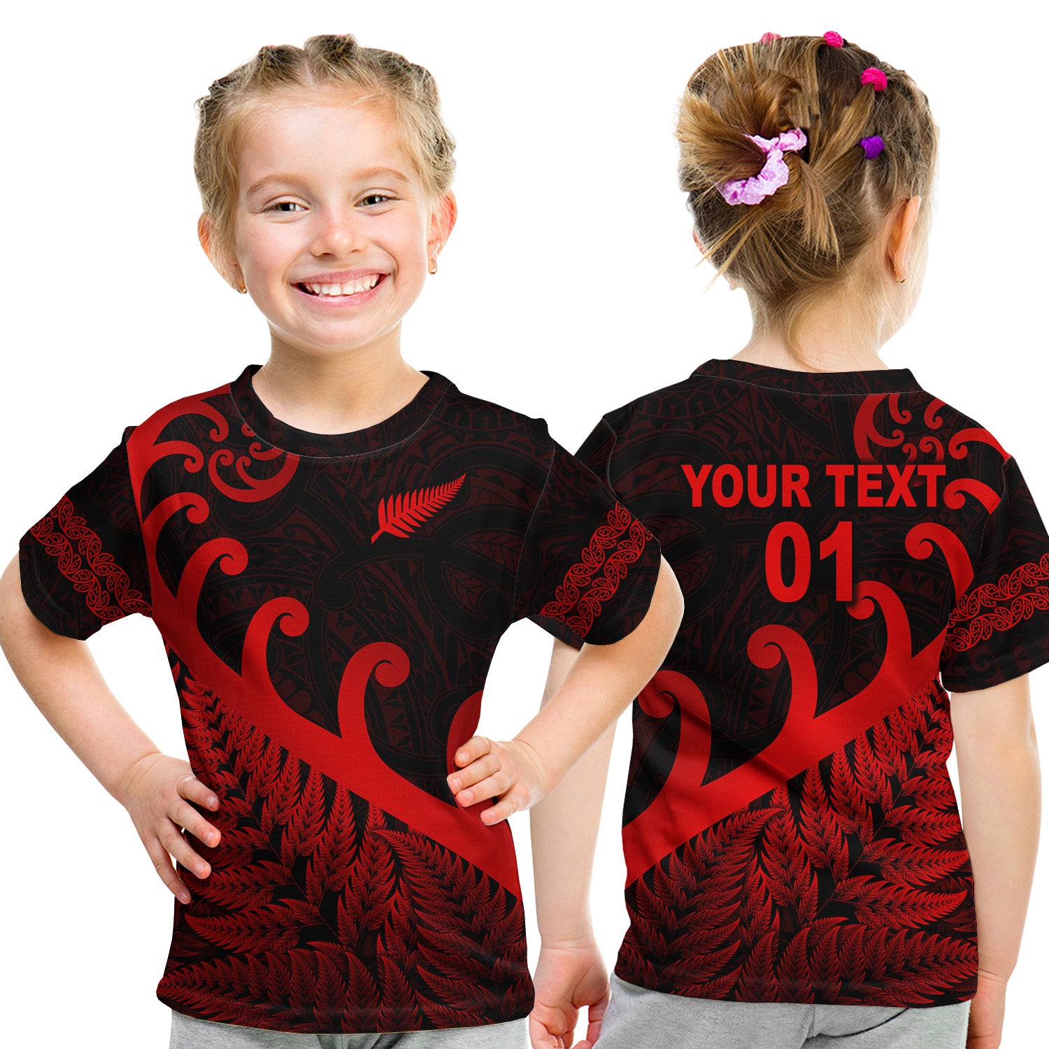 (Custom Personalised) New Zealand Rugby Maori T Shirt Kid Silver Fern Koru Vibes - Red LT8 Youth XL Size14 - Polynesian Pride