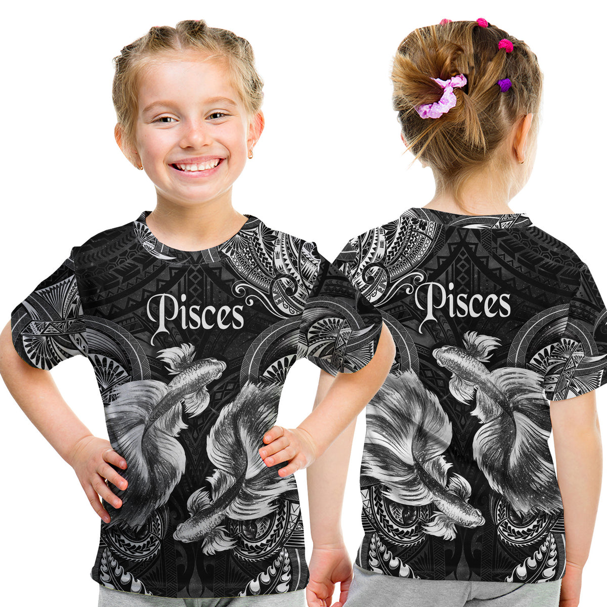 Pisces Zodiac Polynesian T Shirt Kid Unique Style - Black LT8 Youth XL Size14 - Polynesian Pride