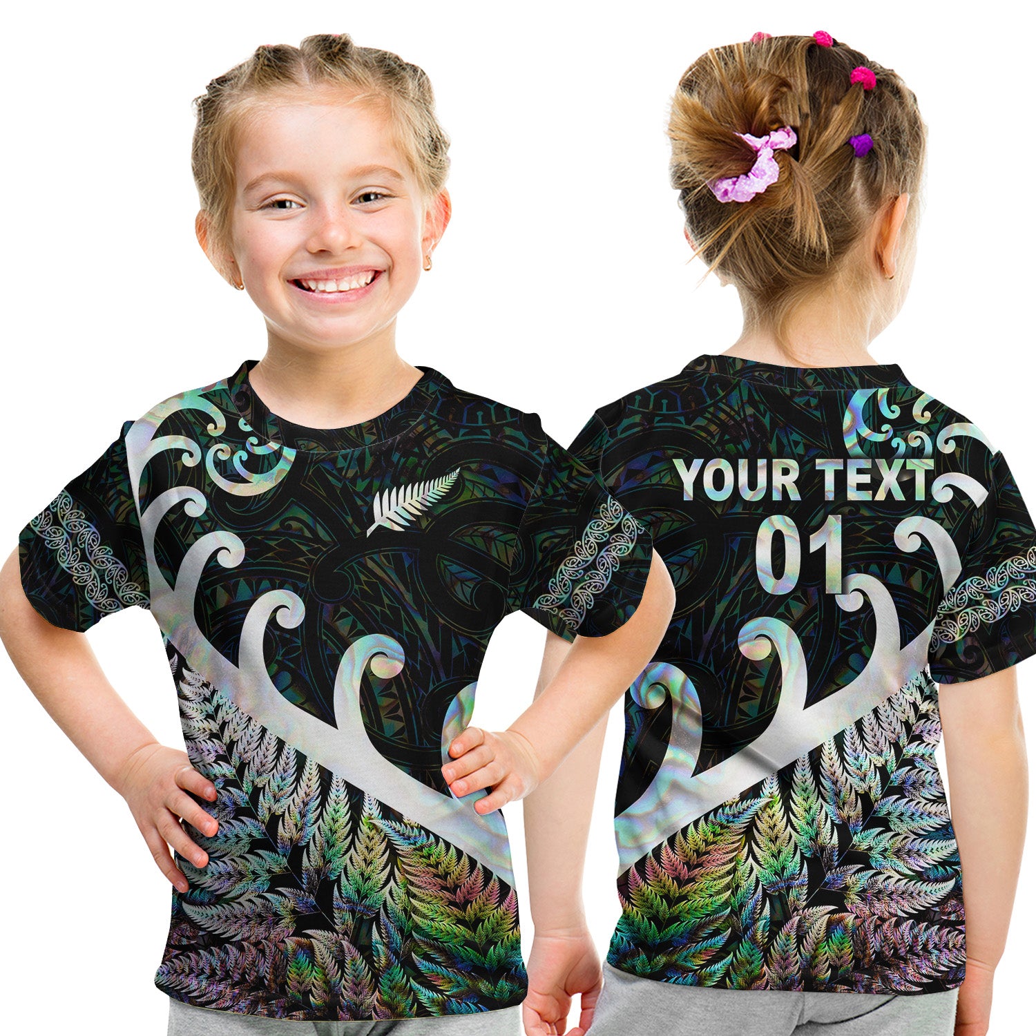 (Custom Personalised) New Zealand Rugby Maori T Shirt Kid Silver Fern Koru Vibes - Paua Shell LT8 Youth XL Size14 - Polynesian Pride