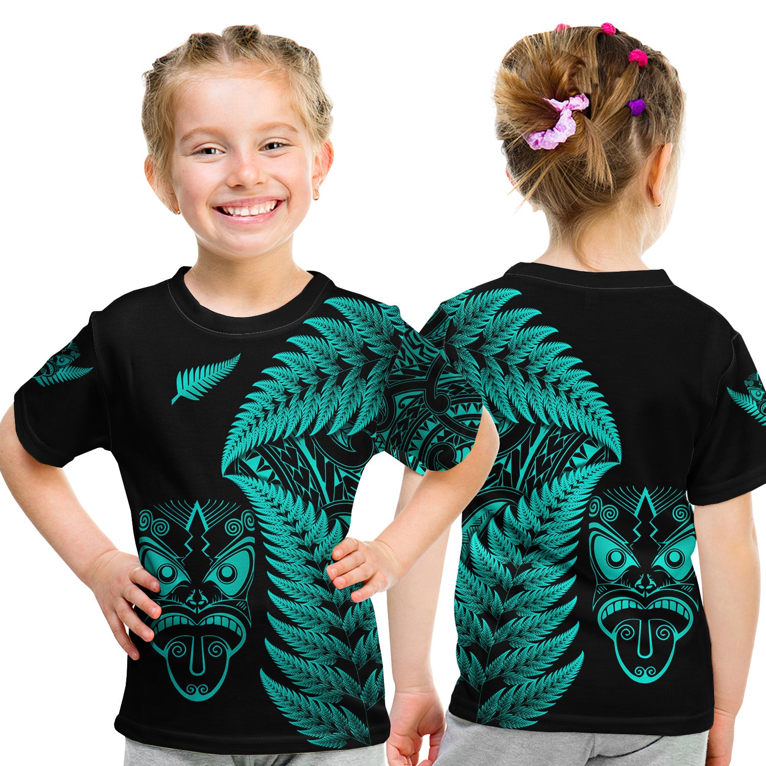 New Zealand Haka Rugby Maori T Shirt Kid Silver Fern Vibes - Turquoise LT8 Youth XL Size14 - Polynesian Pride