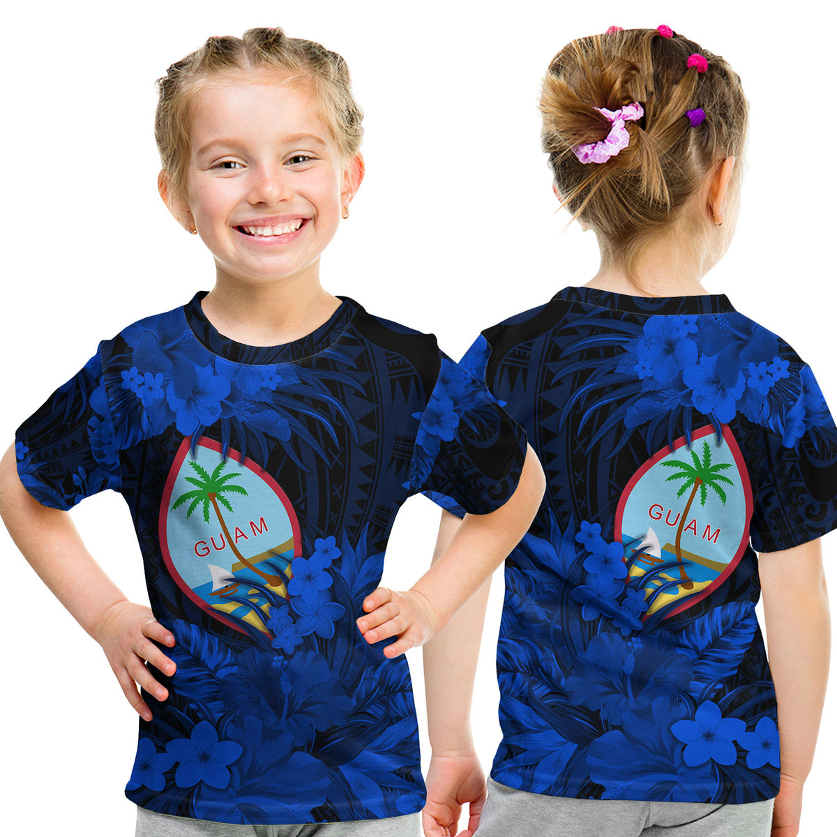 Guam Polynesian T Shirt KID Tropical Flowers - Blue LT8 Youth XL Size14 - Polynesian Pride