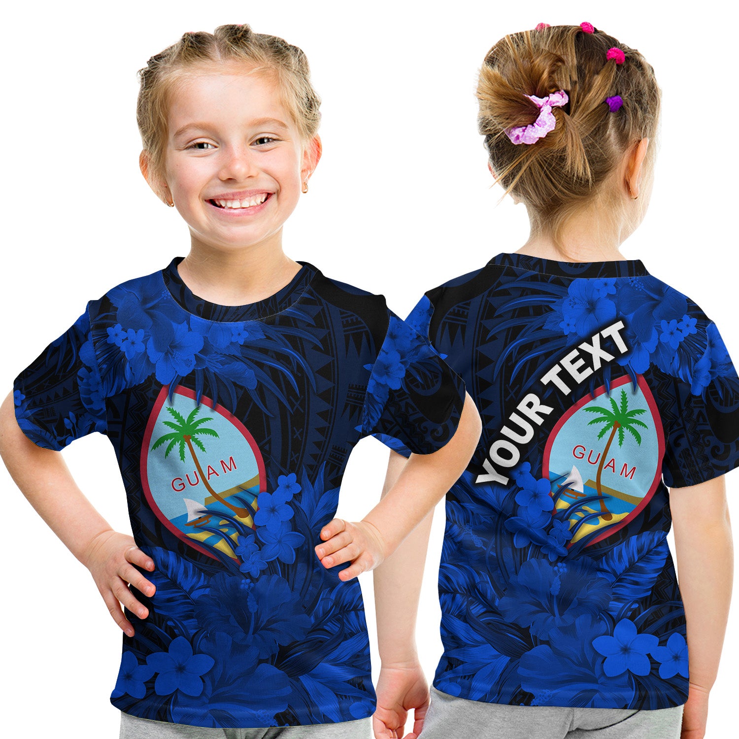 (Custom Personalised) Guam Polynesian T Shirt KID Tropical Flowers - Blue LT8 Youth XL Size14 - Polynesian Pride
