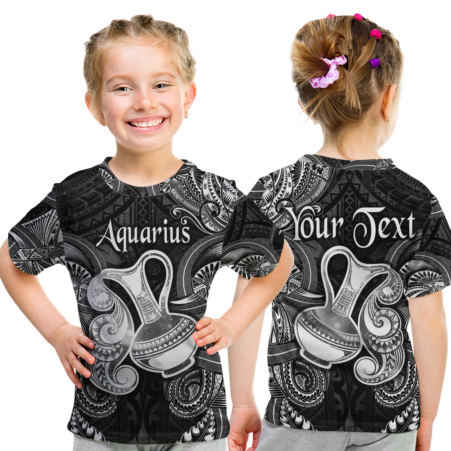 (Custom Personalised) Aquarius Zodiac Polynesian T Shirt Kid Unique Style - Black LT8 Youth XL Size14 - Polynesian Pride