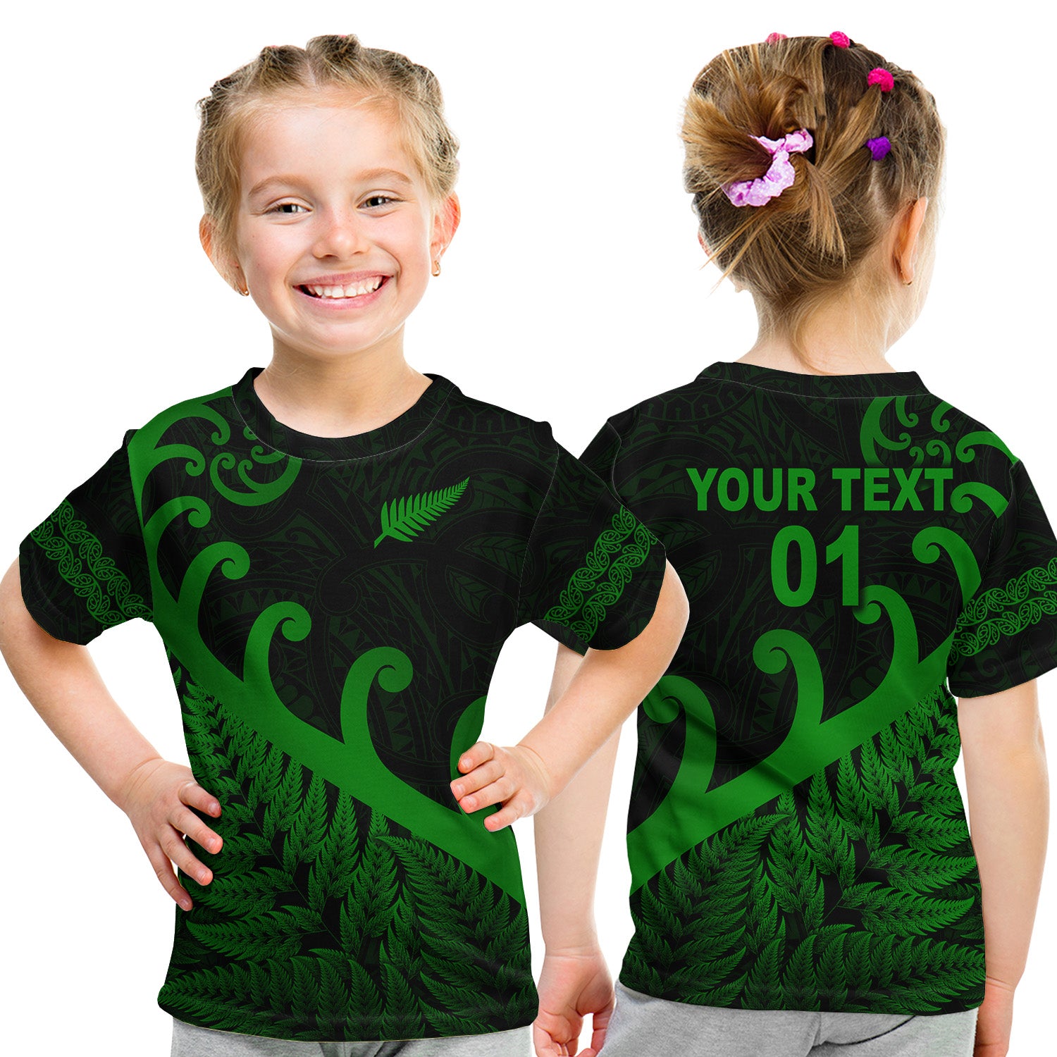 (Custom Personalised) New Zealand Rugby Maori T Shirt Kid Silver Fern Koru Vibes - Green LT8 Youth XL Size14 - Polynesian Pride