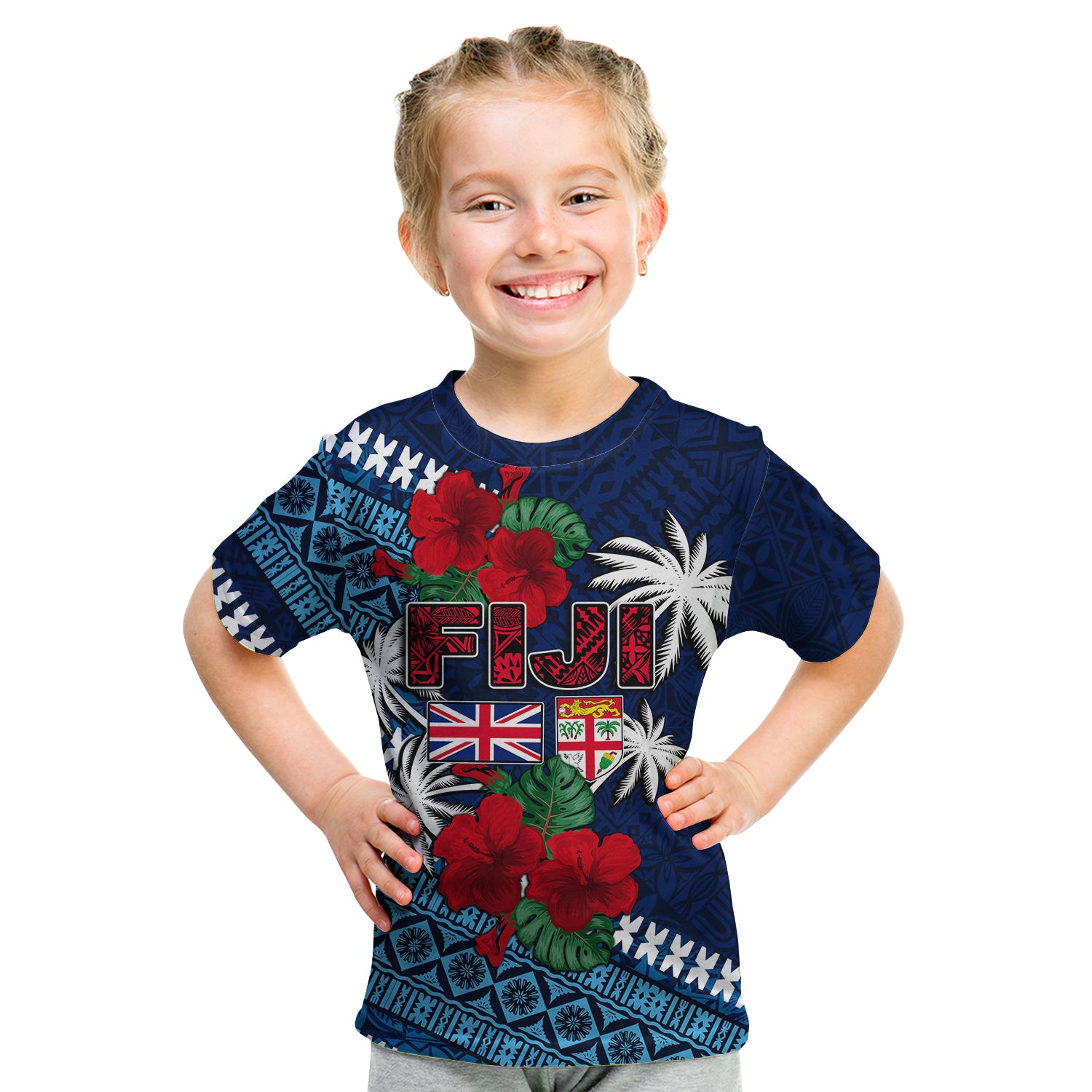 (Custom Personalised) Fiji Patterns With Hibiscus T Shirt KID LT6 - Polynesian Pride