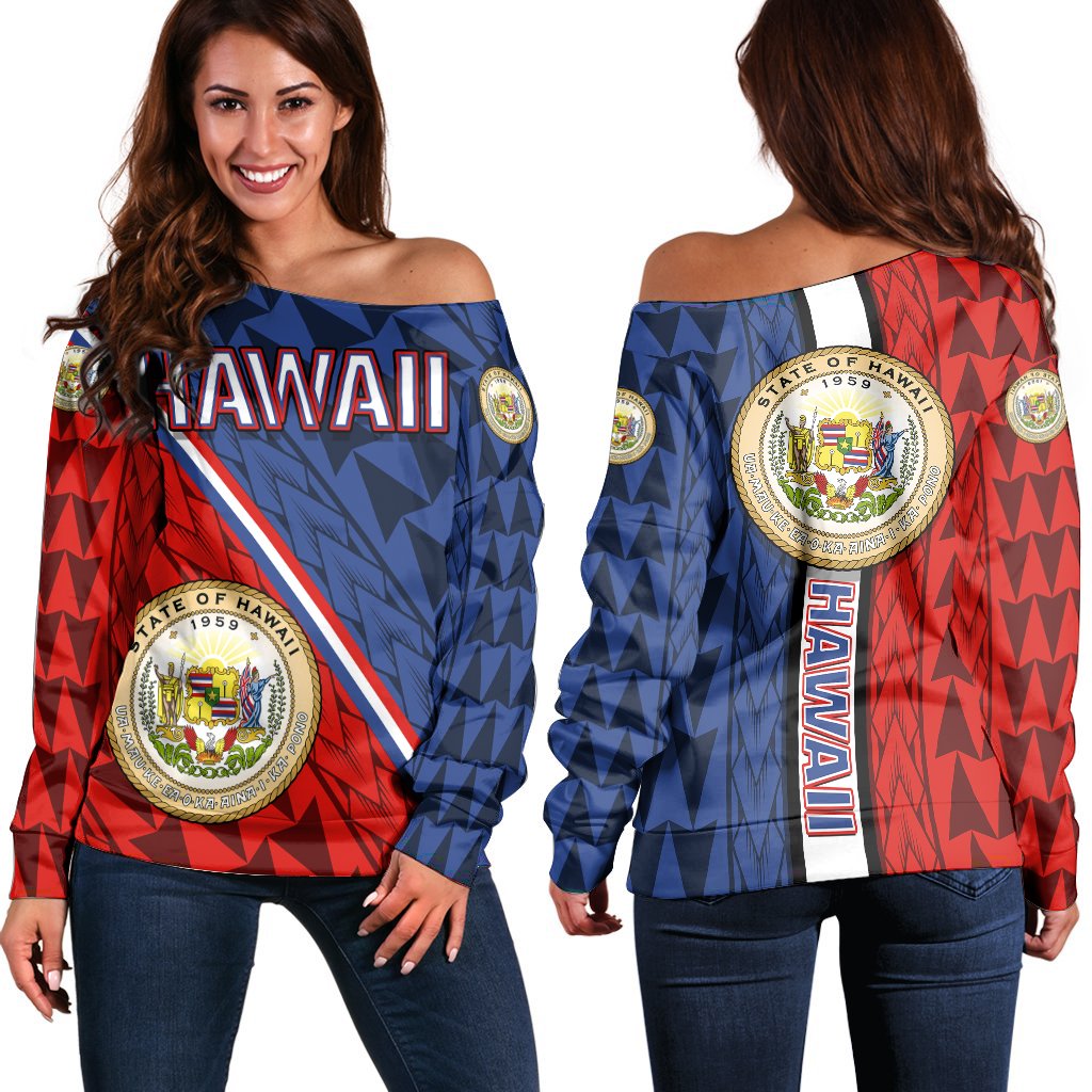 Hawaii Coat Of Arms Polynesian Women Off Shoulder Sweater - Energetic - AH Blue - Polynesian Pride