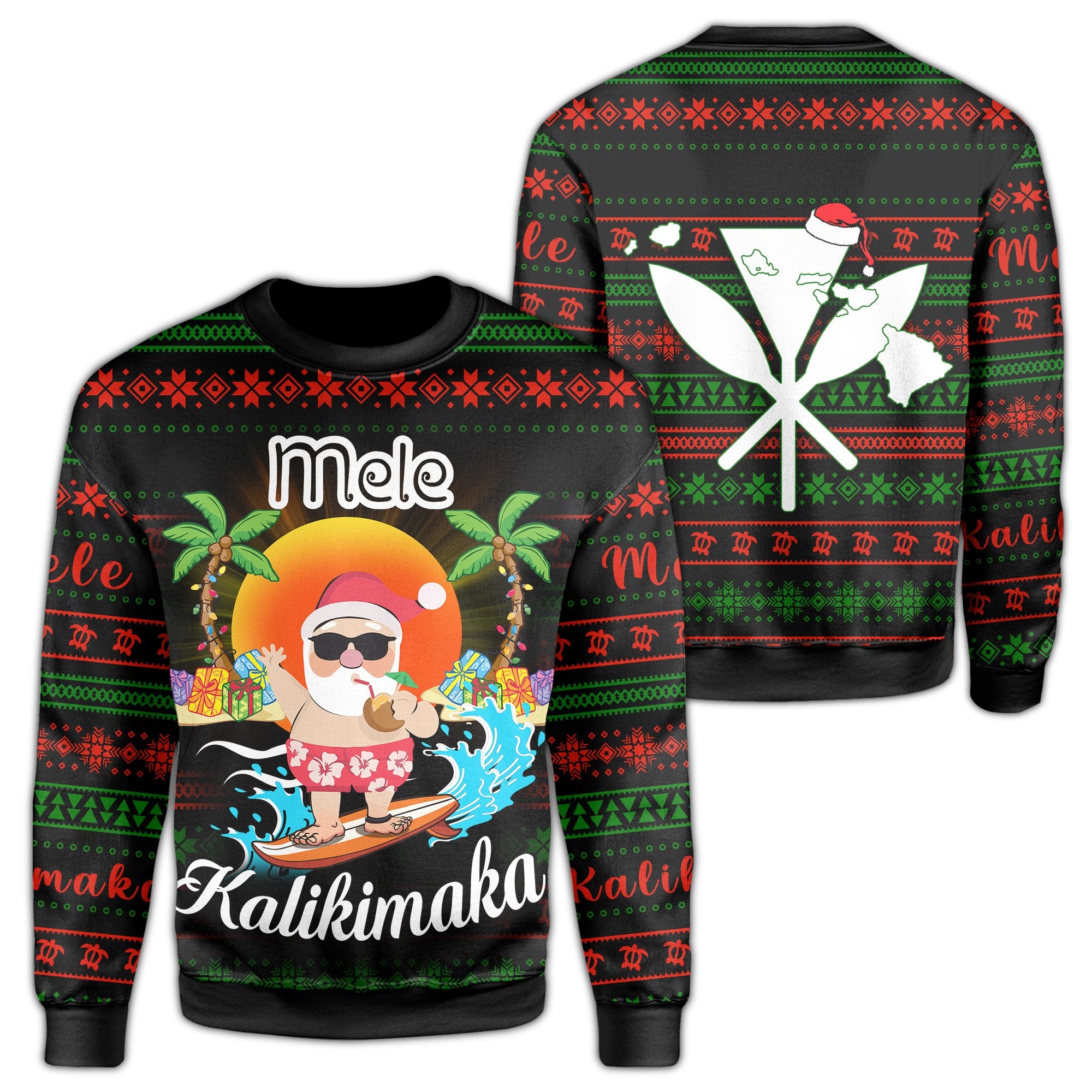 Hawaii Santa Claus Surf Christmas Pattern Sweatshirt - Tan Style - AH Unisex Black - Polynesian Pride