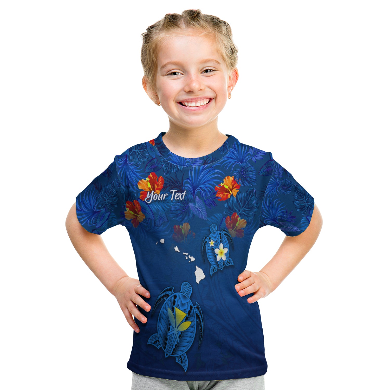 (Custom Personalised) Hawaiian Islands T Shirt Kid - Hawaii Tropical Flowers And Turtles Blue LT13 Youth XL Size14 - Polynesian Pride