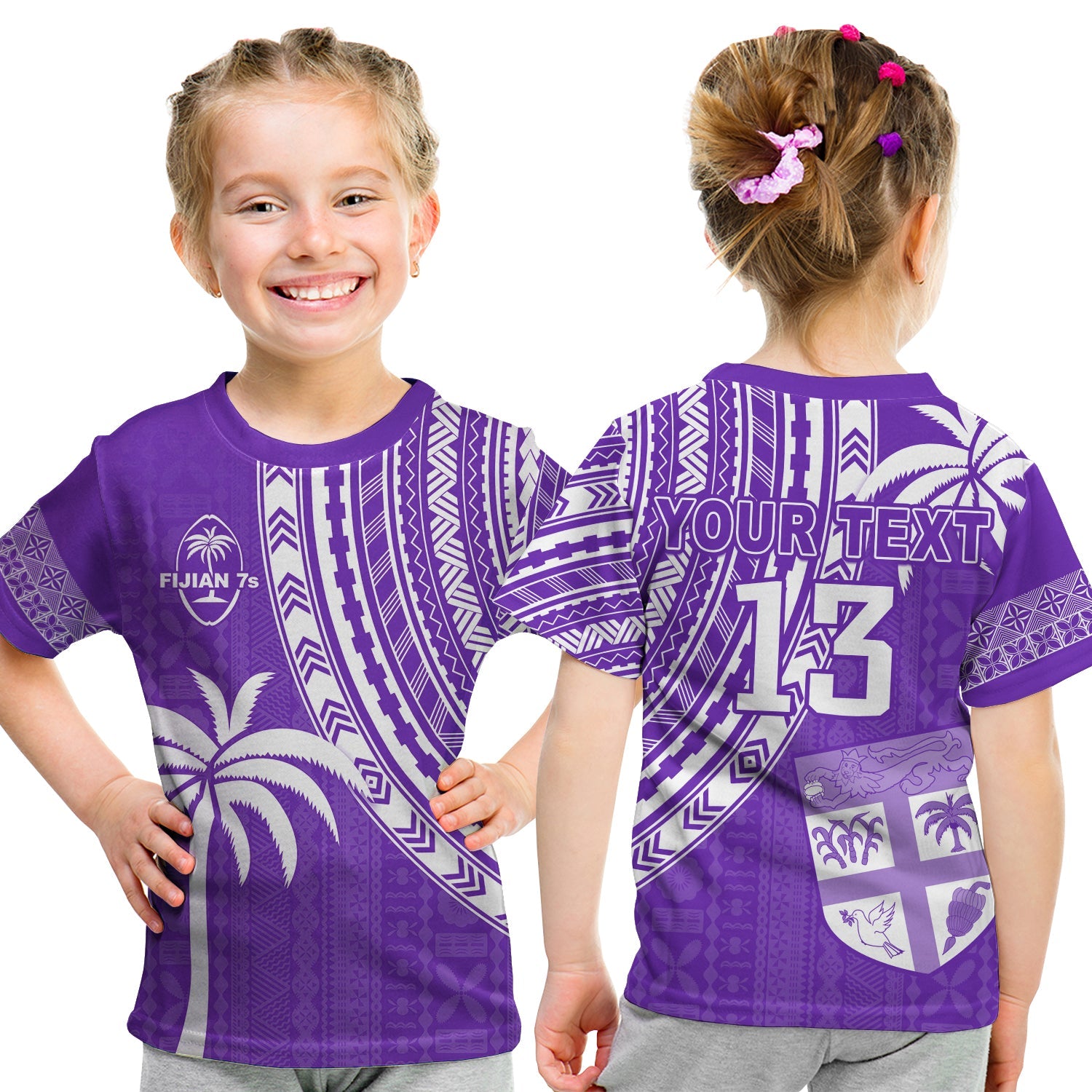 (Custom Text and Number) Fiji Rugby Sevens T Shirt KID Fijian 7s Tapa Polynesian Purple LT13 Youth XL Size14 - Polynesian Pride