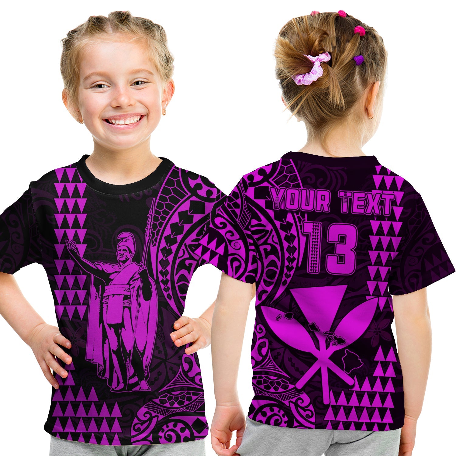 (Custom Text and Number) Hawaii Day Kakau T Shirt KID Proud To Be Hawaiian Purple King Kamehameha and Kanaka Maoli LT13 Youth XL Size14 - Polynesian Pride