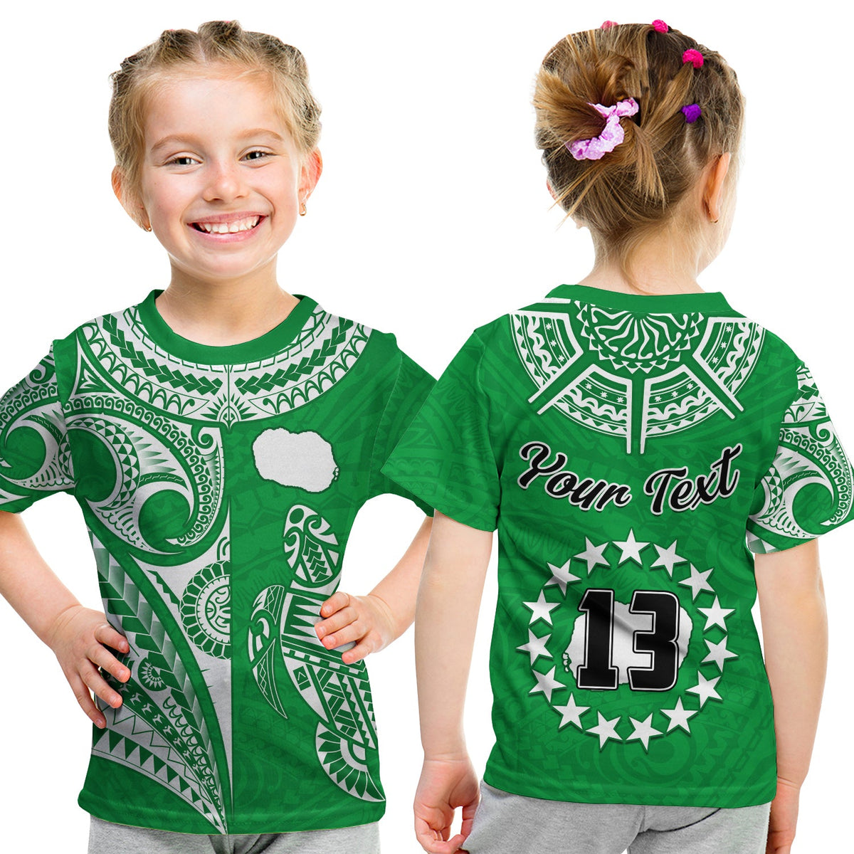(Custom Text and Number) Rarotonga Cook Islands T Shirt KID Turtle and Map Style Green LT13 Youth XL Size14 - Polynesian Pride